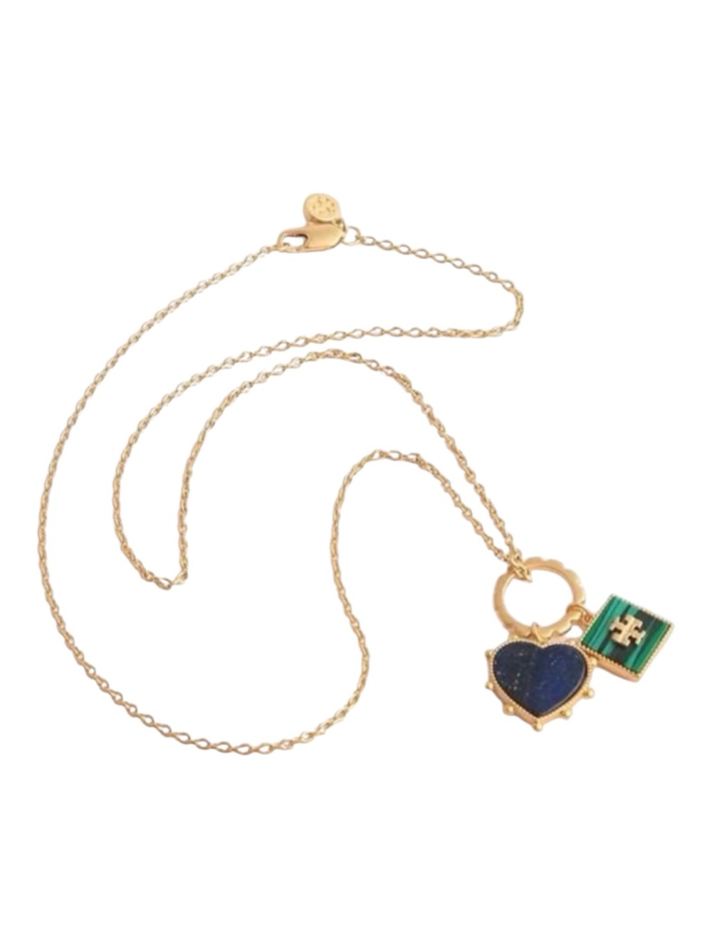 Tory Burch Lapis Heart And Malachite Square Logo Charm Necklace